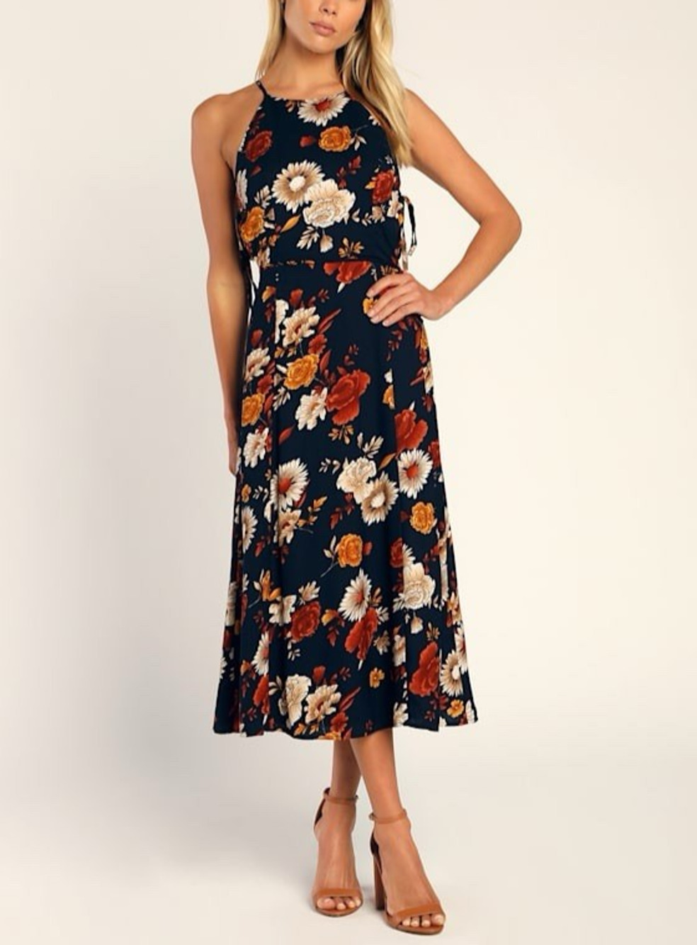 Lulus Flourishing Flirt Navy Blue Floral Cutout Halter Midi Dress Size Medium